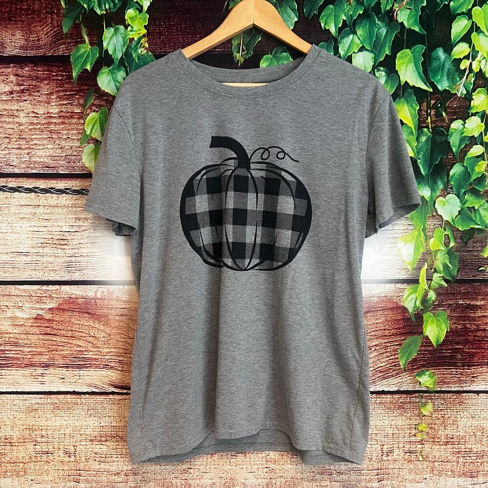 Pumpkin T Shirt Womens Large Halloween Fall Gray Black Tee Top Short Sleeve